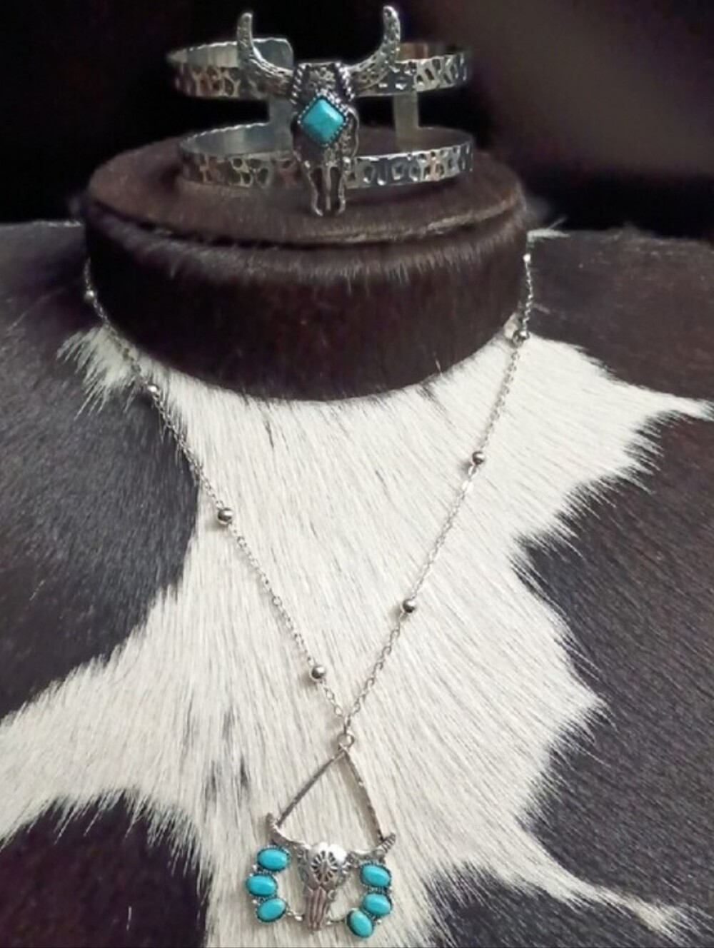 Turquoise Accent Steer Skull Cuff Bracelet And Necklace